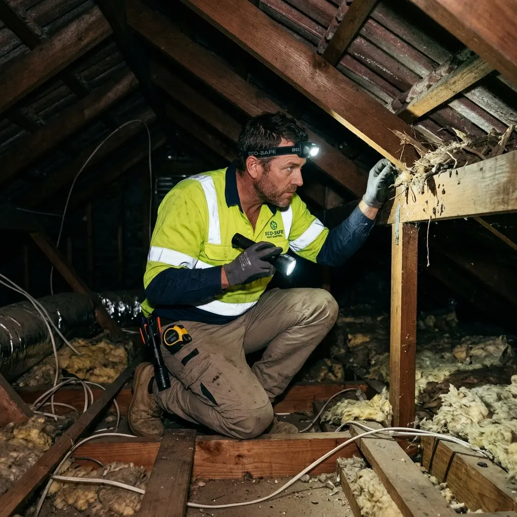 Technician inspecting a roof cavity for a dead animal in Seabrook