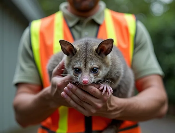 Animal handler safely recovering a deceased possum in Seabrook