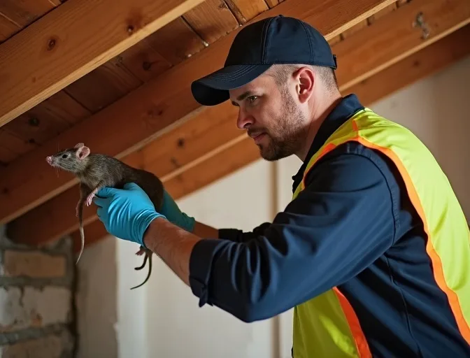 Technician inspecting a roof cavity for a dead rat in Seabrook